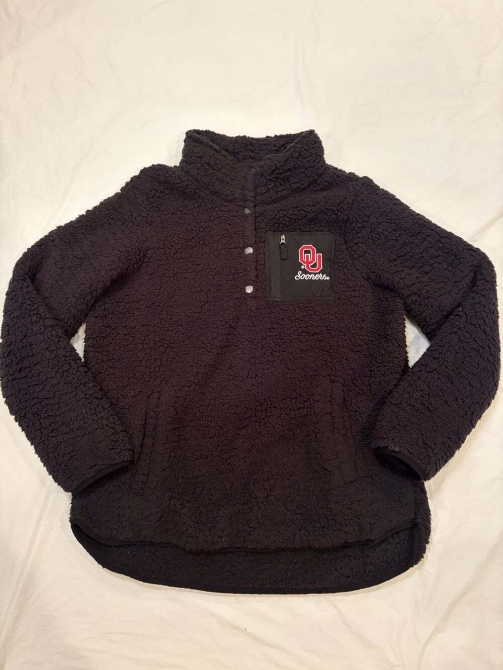 Oklahoma University Sooners Black Faux Sherpa Pullover Button Up